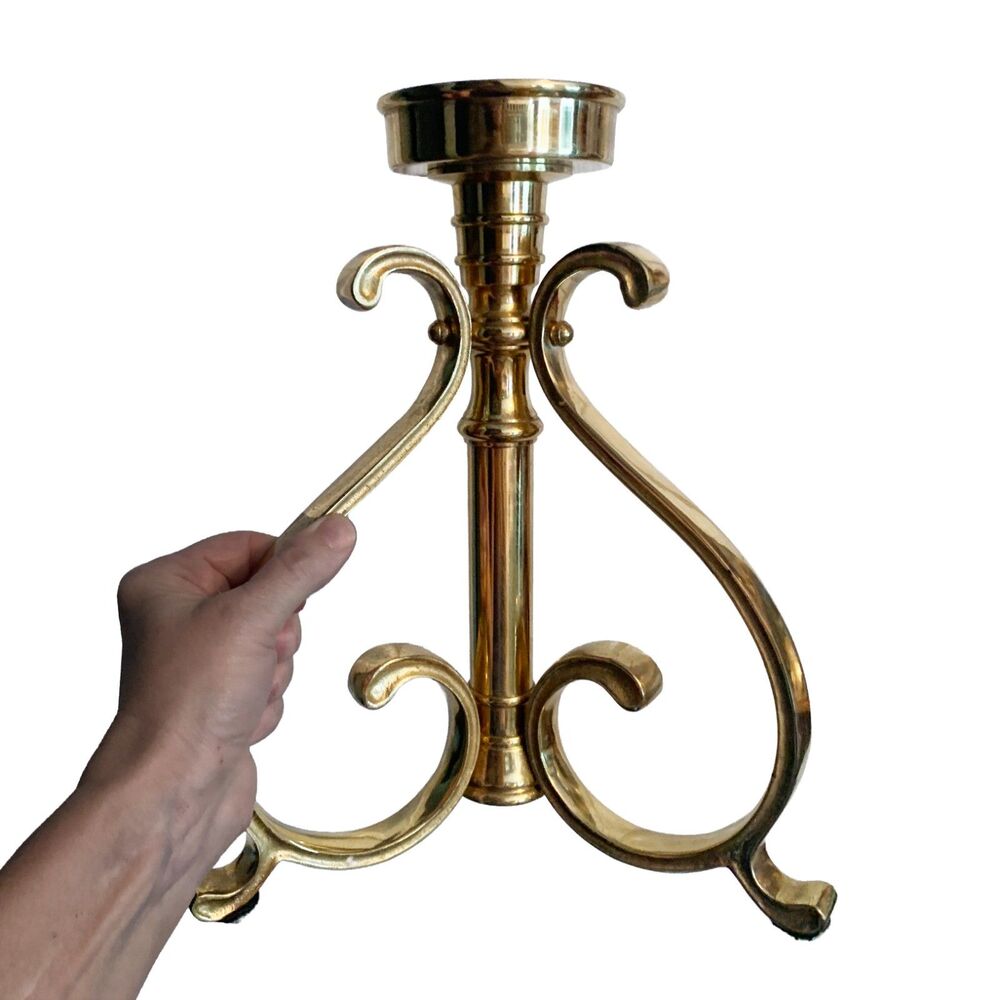 Vtg Heavy Solid Brass Scroll Tripod Pillar Candle Holder Stand Mid Century 3 Leg